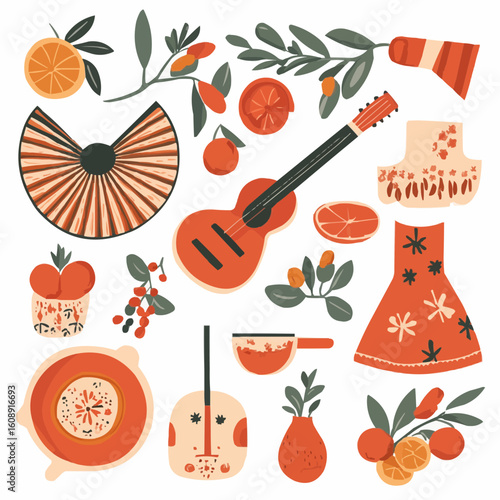 Warm and simplified Spanish clipart set featuring fan, paella, olives, guitar, ceramic tile and flamenco dress, ideal for packaging, kitchen prints, and Mediterranean-themed paper goods