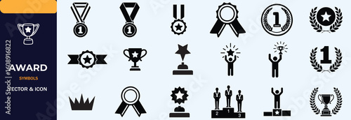 Award icon set. Champion symbol. Silhouette style.