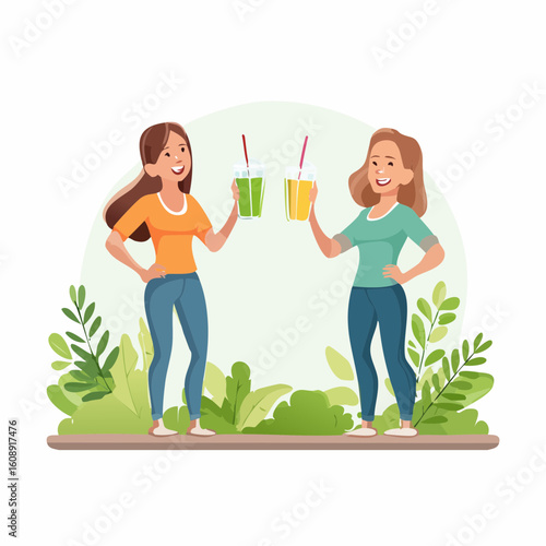 Two smiling young women toasting with healthy green and yellow smoothies in glasses with straws, surrounded by lush greenery.