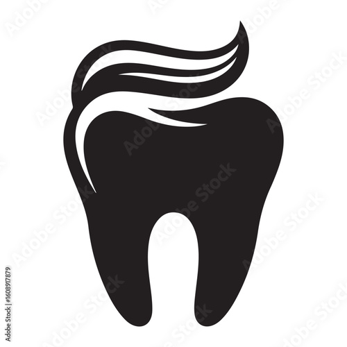 Black and white illustration of a tooth with toothpaste on top of it