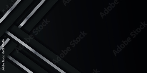 Dark Background with Overlapping Geometric Shapes and Diagonal Lines in shining metallic silver. Modern design for Covers, Posters, Advertisements, Banners, Presentations.