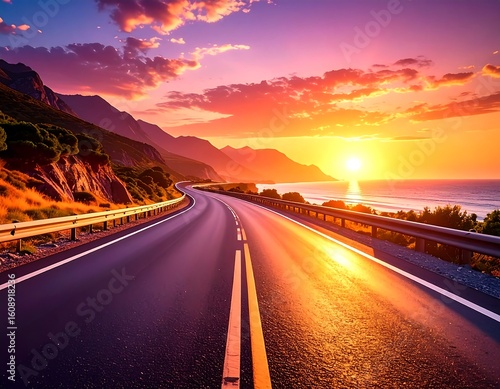 Scenic coastal highway at vibrant sunset offers a picturesque travel destination experience