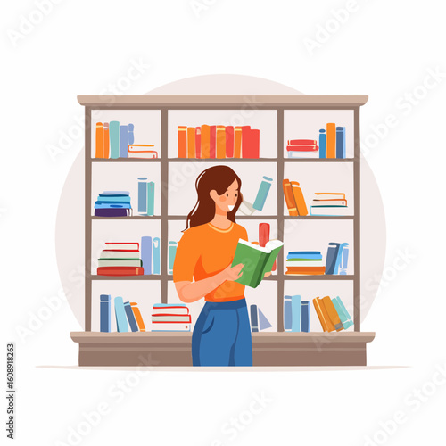A young woman engrossed in reading a book in front of a well-stocked bookshelf