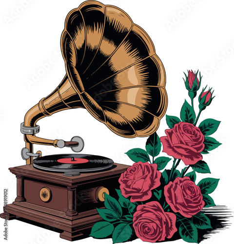 Vintage Gramophone and Red Roses Artistic Rendition Evoking Nostalgia and Beauty of Music and Floral Arrangements Symbolizing Love