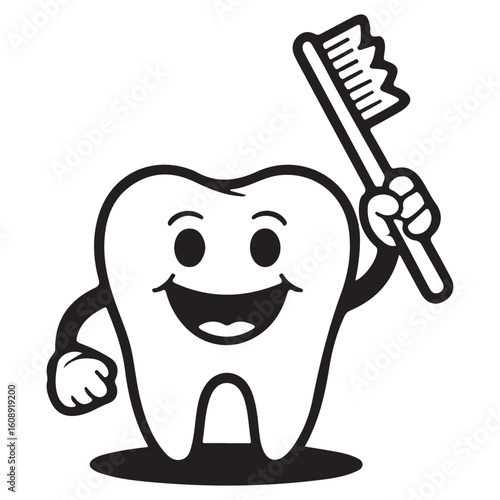 Cartoon tooth holding toothbrush in black and white vector illustration