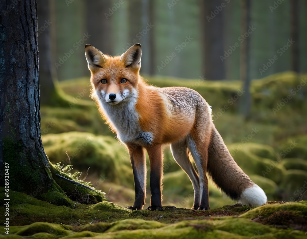 Obraz premium A lone fox. A high quality standing in a mystical Norwegian forest in the early morning.red fox in the wild.