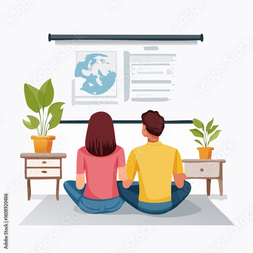 A couple sitting on the floor at home looking at a projector screen with a world map, planning for the future or learning together.
