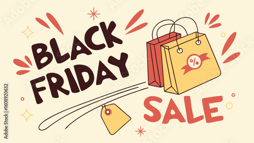 Black Friday Sale:  Hand-drawn Style Shopping Bags, Discount Tag, Festive Design,  Warm Color Palette,  Retail Promotion.