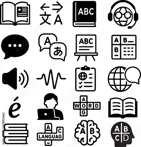 Collection of icons representing language learning translation and communication concepts
