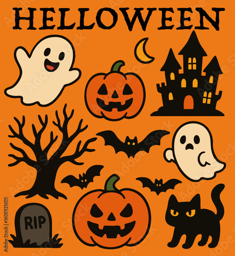 Cute Halloween Vector Set - 10 Pop Style Illustrations in Black and Orange
ポップでかわいいハロウィンベクターセット（黒とオレンジ基調・イラスト10点）