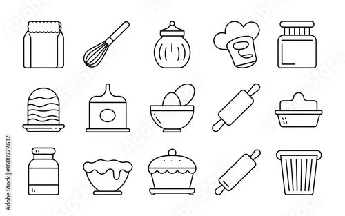 Baking & Pastry Kitchen Icons: Whisk, Bowl, Rolling Pin, Chef Hat, Jar. Dessert Cookware Vector Set