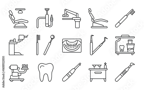 Dental Care & Hygiene Line Icons: Chair, Drill, Toothbrush, X-ray, Mirror. Essential Dentistry Equipment Vector Set