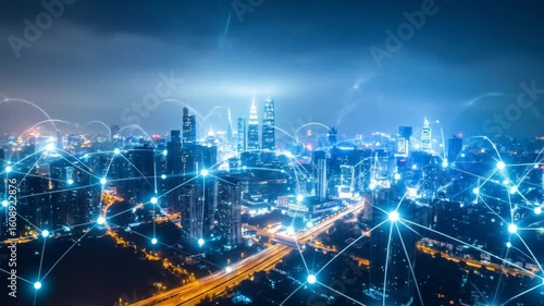 Wallpaper Mural Aerial view of a modern city at night, with glowing network connections Torontodigital.ca