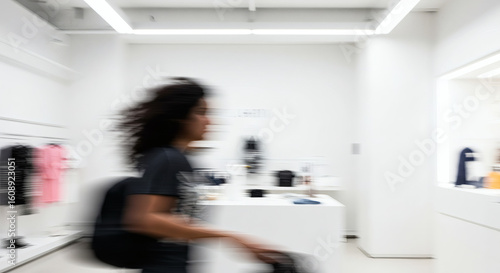 Person walking quickly through a modern store.