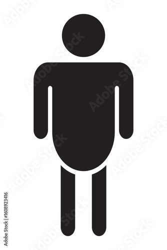 Simple black silhouette icon of an overweight male figure. Useful for health, fitness, medical, obesity awareness, and wellness-related visuals and infographics.