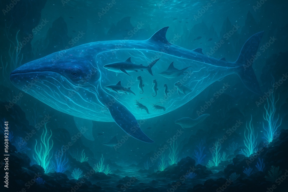 Obraz premium Majestic whale swimming among smaller fish in deep ocean waters 