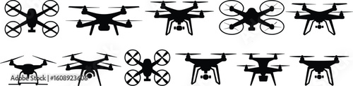 "Collection of various drone silhouettes in black, top view and side view, showcasing different quadcopter designs, aerial technology, vector set."

 flat vector illustration