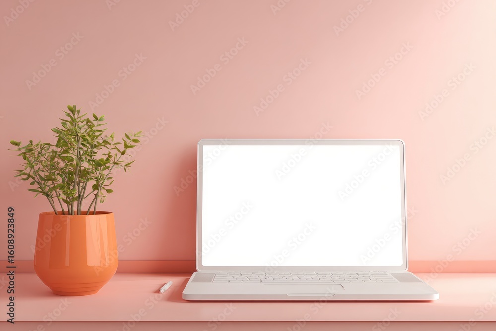 Fototapeta premium Pastel pink workspace with laptop and plant