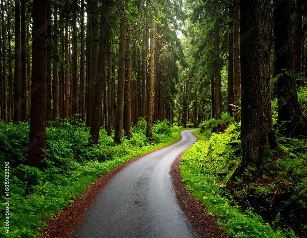 Fototapeta premium Serpentine asphalt road winding through a dense forest with towering trees and vibrant foliage