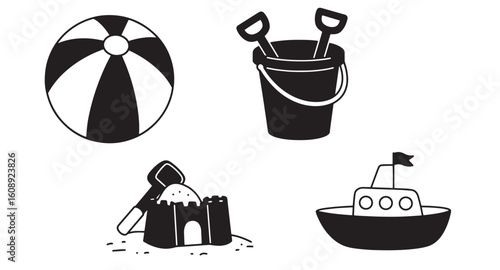 Black and white beach themed summer vacation icons for fun and joyful seaside holidays