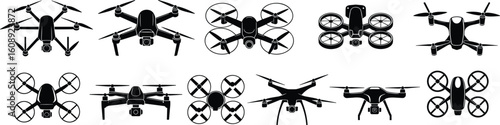 Collection of various drone illustrations showing top, side, and front views in black silhouette style, isolated on transparent background flat vector illustration