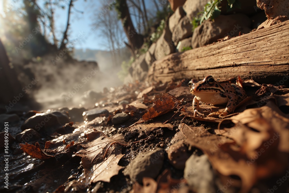 Fototapeta premium Frog on rocky shoreline during autumn amphibian migration, surrounded by autumn leaves. Concept of autumn amphibian migration highlighting peaceful nature scene in warm sunlight.