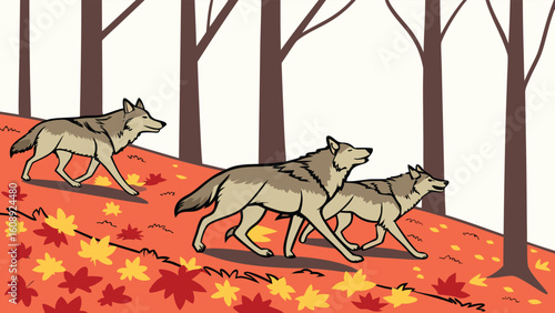 Wolf Pack Running Swiftly Through a Forest Carpeted with Autumn Leaves