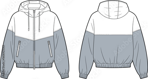 Color block hoodie jacket flat sketch, front and back view, fashion technical drawing, casual streetwear apparel design template

 flat vector illustration