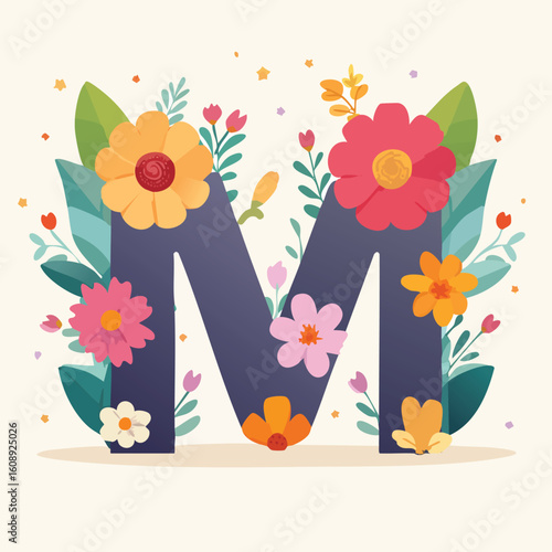 letter M with the Flower theme vector illustration in a playful cartoon style.