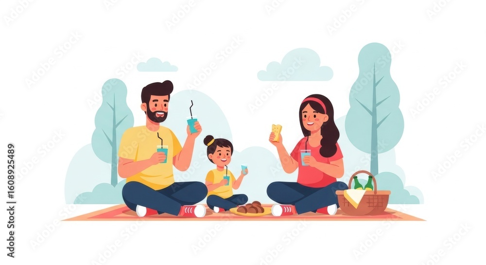 Obraz premium Happy family enjoying a picnic with drinks and snacks in a park setting