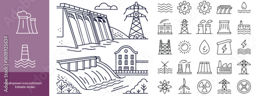 Set of  outline icons to hydro power. hydro power Linear icon collection. Editable stroke. Vector illustration