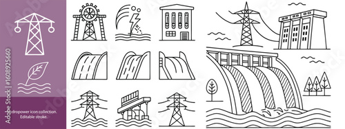 Set of  outline icons to hydro power. hydro power Linear icon collection. Editable stroke. Vector illustration