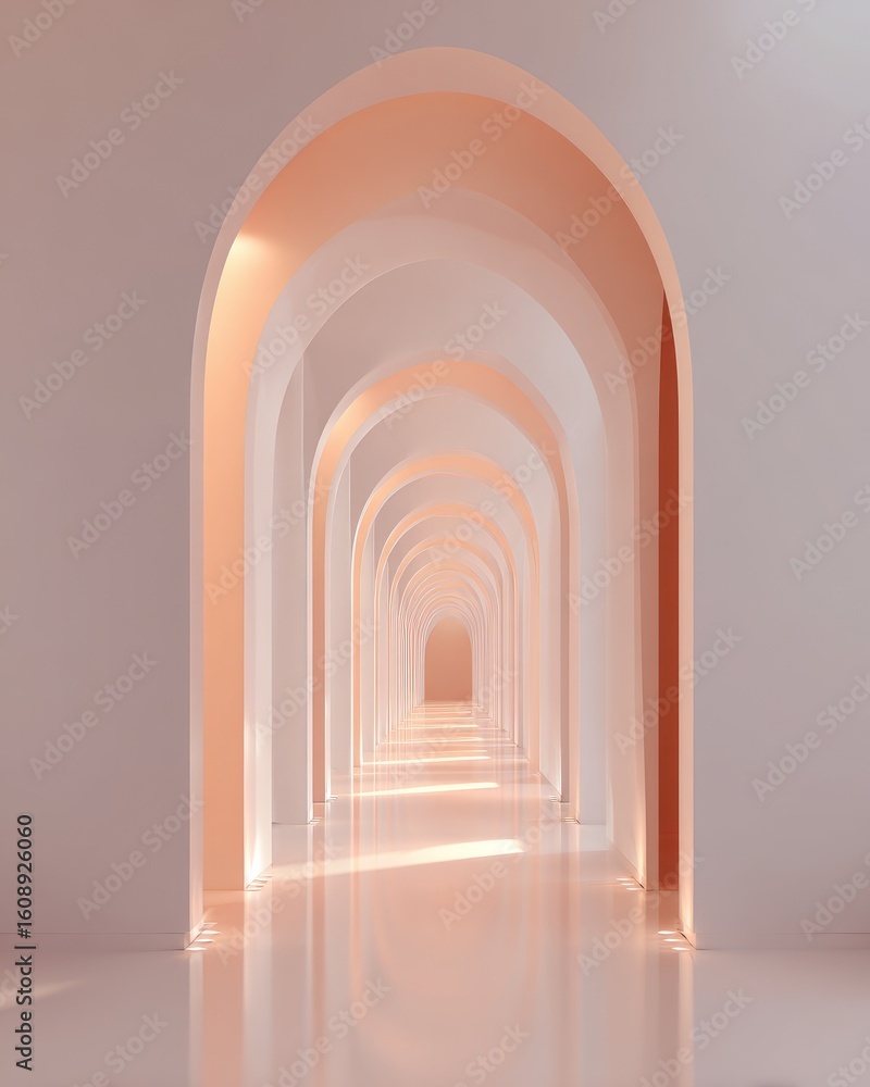 Fototapeta premium Pale pink arched hallway, minimalist design