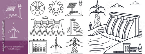 Set of  outline icons to hydro power. hydro power Linear icon collection. Editable stroke. Vector illustration