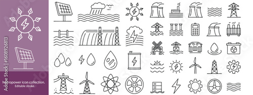 Set of  outline icons to hydro power. hydro power Linear icon collection. Editable stroke. Vector illustration