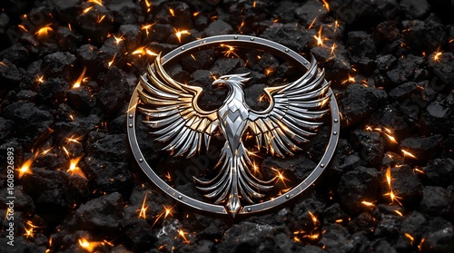 Majestic phoenix emblem reborn from glowing embers amidst dark, fiery coals