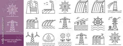 Set of  outline icons to hydro power. hydro power Linear icon collection. Editable stroke. Vector illustration