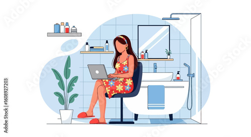 Woman working on laptop in bathroom, perfect for articles about work-life balance or remote work.