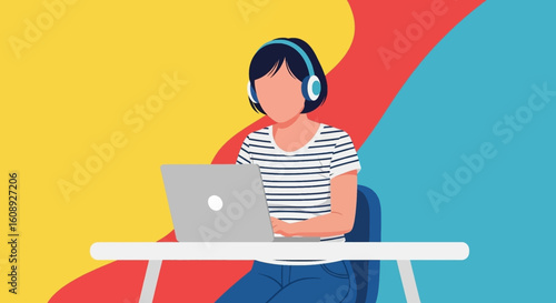 Woman working on laptop with headphones, illustration for website or blog post about remote work, productivity, or online learning.