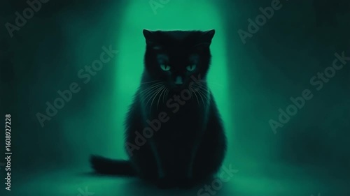 Mysterious Black Cat with Glowing Green Eyes in a Dark Mystical Ambient Light 4k video footage