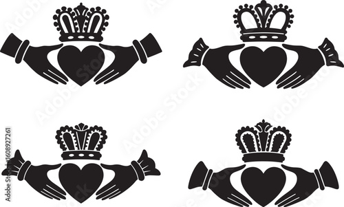 Four claddagh symbols with crowns and hearts silhouette