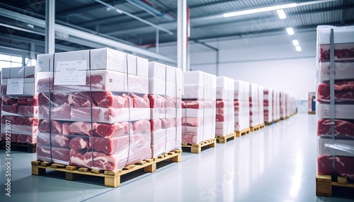 Packed meat blocks in a warehouse