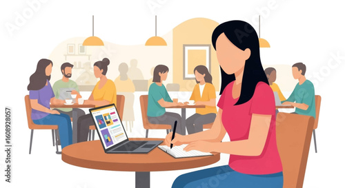 Woman working on laptop in a cafe, ideal for website banners or blog posts about remote work.