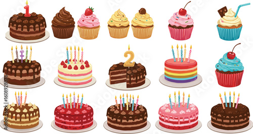 Colorful Birthday Cake and Cupcake Collection with Candles, Toppers, and Sprinkles for Festive Celebrations flat vector illustration