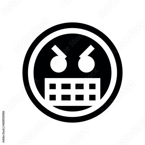 Black and white graphic of an angry face with a square teeth and circular outline on a white background