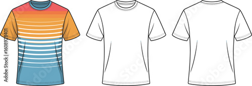 Colorful gradient striped men's t-shirt front back side view, short sleeve fashion flat sketch, casual wear apparel design illustration flat vector illustration
