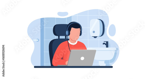 Person working on laptop in a bathroom, ideal for articles about remote work or unusual workspaces.