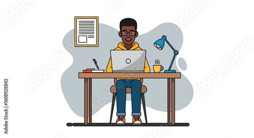 Young African American man working on laptop at home office, perfect for blog posts about remote work or productivity.