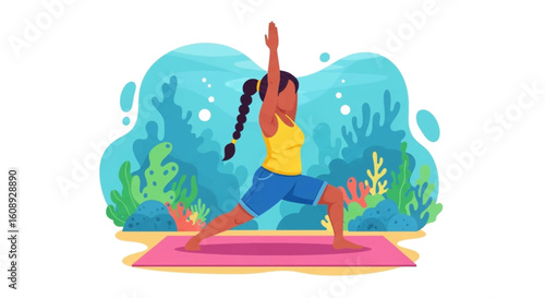 Woman practicing yoga outdoors, vector illustration perfect for wellness websites or brochures.