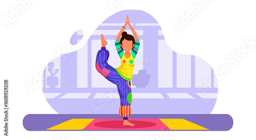 Woman practicing yoga, Natarajasana pose,  perfect for wellness websites or fitness brochures.